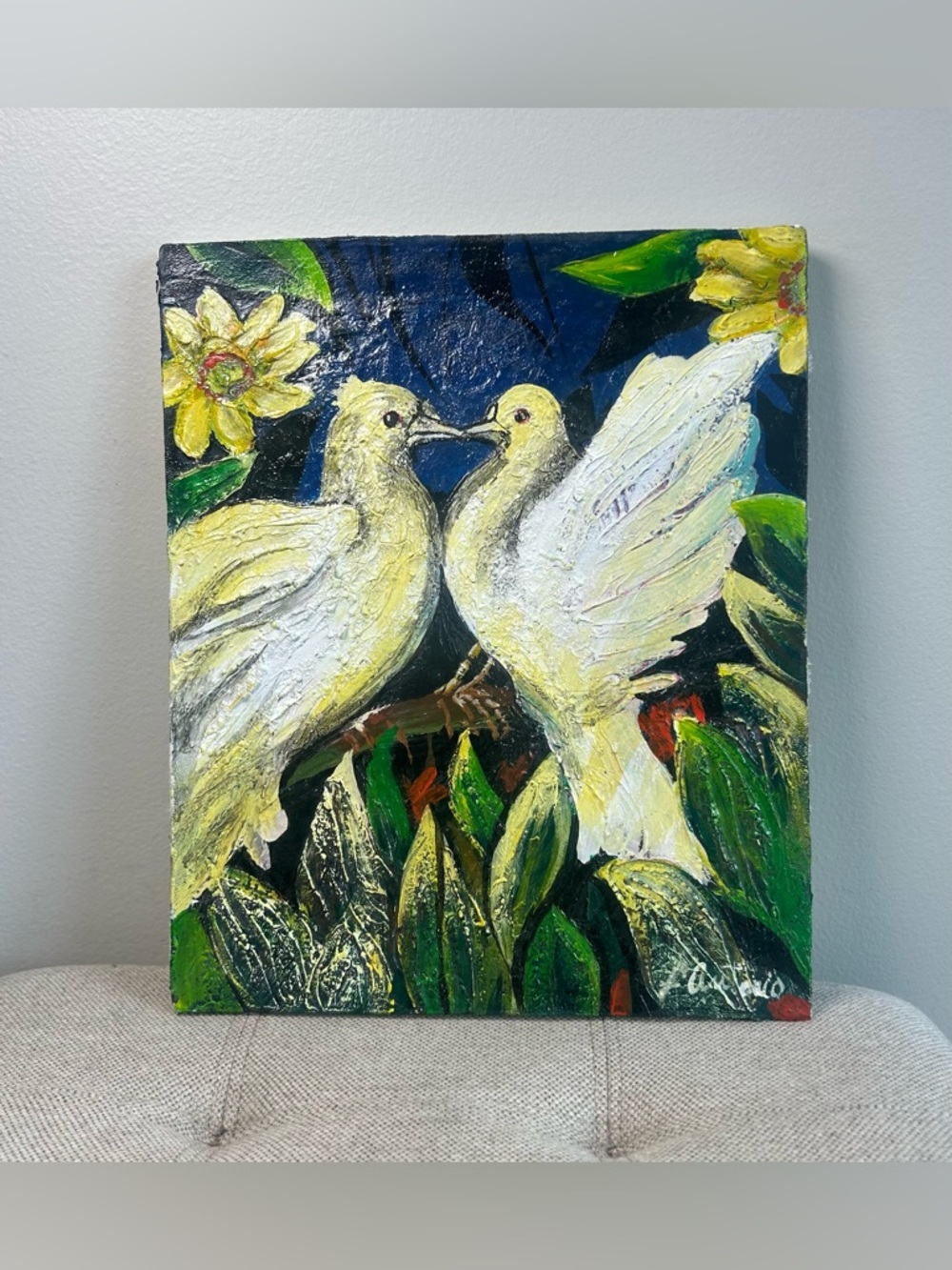 Two White Doves Kissing Original Oil Painting Signed Art Cuban L. Antonio Cuba
